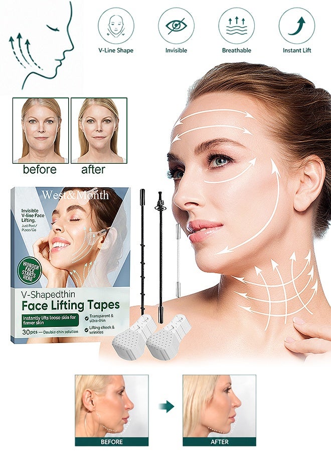 West&Month 30 Pcs Ultra-Thin Invisible Face Lifting Patch Face Lift Tape - Waterproof High Elasticity V Shape Lift Tape Stickers Breathable Face Lifting Band for Hiding Facial Wrinkles Lift Saggy Skin Hide Double Chin - Image 1