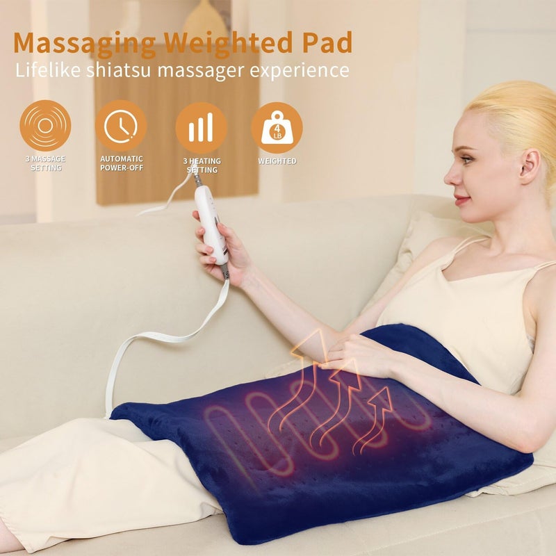 Myiosus Massaging Weighted Heating Pad For Back Pain Relief Heating Pads For Neck  Shoulder Cramp Portable Heated Pad With 3 Heat Settings & 6 Massage 18 Relaxing Combinations Auto Off 20""*24"" Dark Blue - Image 4