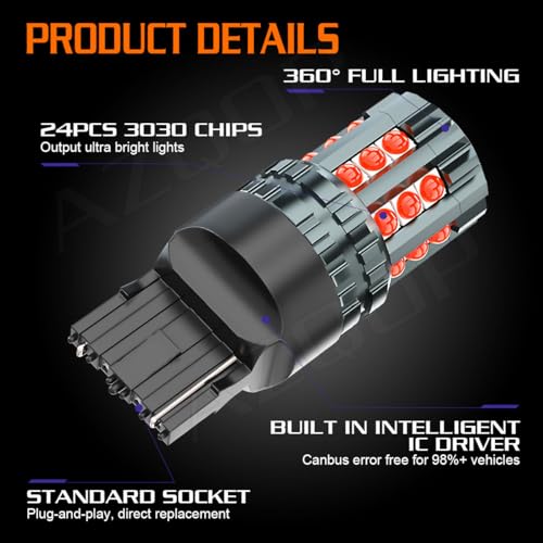 AZQOP 7444 LED Brake/Tail Light Bulbs For Chevy Silverado 1500 2500 3500 2015 2016 2017 2018 2019 2020 2021 2022, 300% Brightness, Brilliant Red, 7440R 7443R Taillight, Plug and Play, Waterproof, Pack of 4 - Image 2