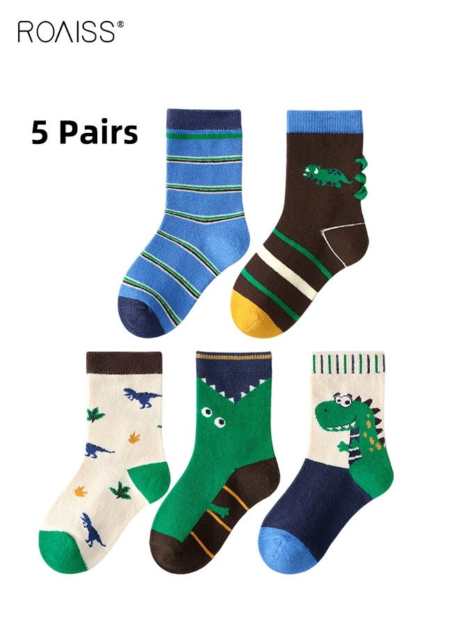 roaiss 5 Pairs Boys Mid-Calf Socks, Comfortable Sports Socks Set, Kids Crew Socks with Adorable Patterns, Cartoon Middle Tube Socks for Boys, Suitable for All Seasons - Image 1