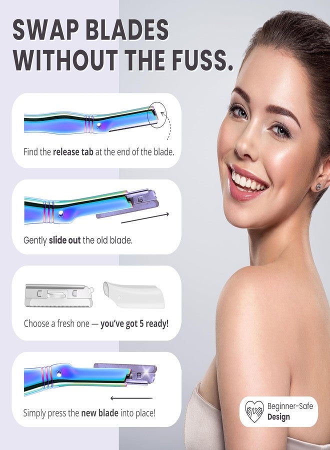 Jungle Culture Dermaplaning Tool - Facial Razor for Women with 5 Refill Blades - Reusable Eyebrow Shaper & Exfoliator - Rainbow - Image 5
