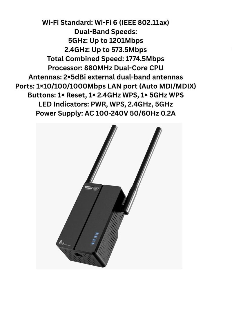توتو لينك بالطبع! إليك ترجمة وصف TOTOLINK EX1800T Wi-Fi 6 AX1800 Dual-Band Range Extender إلى اللغة العربية: - Image 3