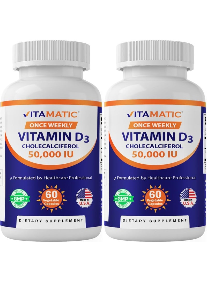 Vitamatic (Pack of 2) Vitamin D3 (Cholecalciferol) 50,000 IU, 2x60 Vegetable Capsules - Image 1