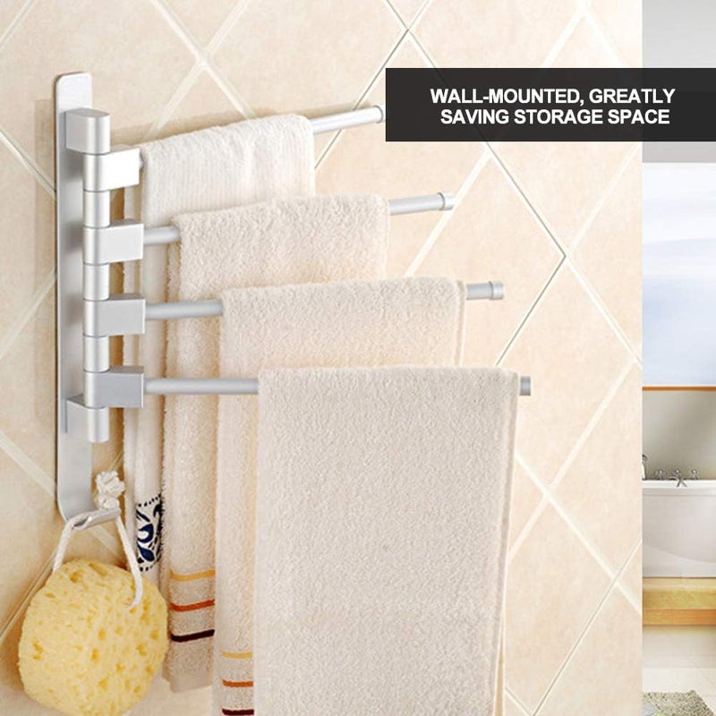 YWBL-WH Towel Shelf, Swing Towel Holder Rack Wall Mounted Towel Swivel Moveable Multiple Rod Towel Rack Holder Storage Organizer for, Bath Towel Bars (Four Poles with Hook) - Image 2