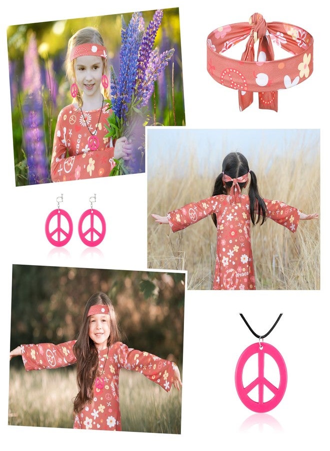 Heentan 6 Pcs 70s Outfits for Kids Girls 60s Hippie Costume Decades Day Outfits Halloween Dress up(Flower Style,Medium) - Image 3
