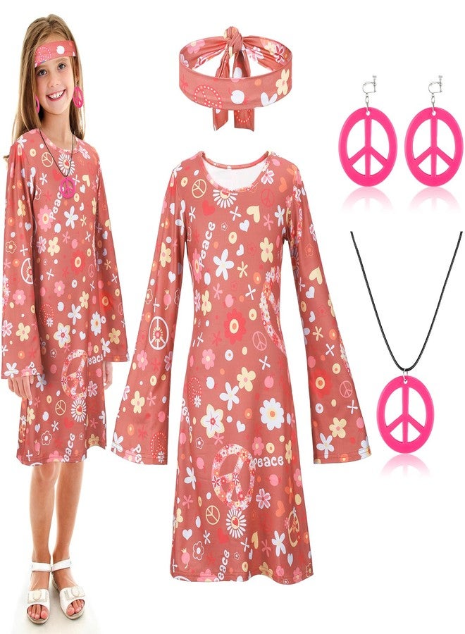 Heentan 6 Pcs 70s Outfits for Kids Girls 60s Hippie Costume Decades Day Outfits Halloween Dress up(Flower Style,Medium) - Image 1