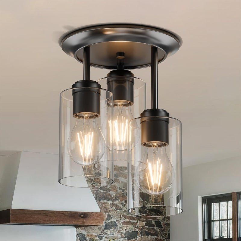 Kalium 3-Lights Semi Flush Mount Ceiling Light Fixture, Matte Black Light Fixtures, Ceiling Light for Kitchen, Foyer, Entryway, Farmhouse, Home Decor, Clear Glass Shade. - Image 1