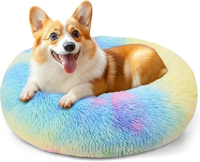 Hoewina 28in Large Dog Bed, Medium Size Dog and Cats, Calming Donut Bed for Puppy and Kitten, Washable Round Fluffy Pet Bed (Rainbow) - Image 1