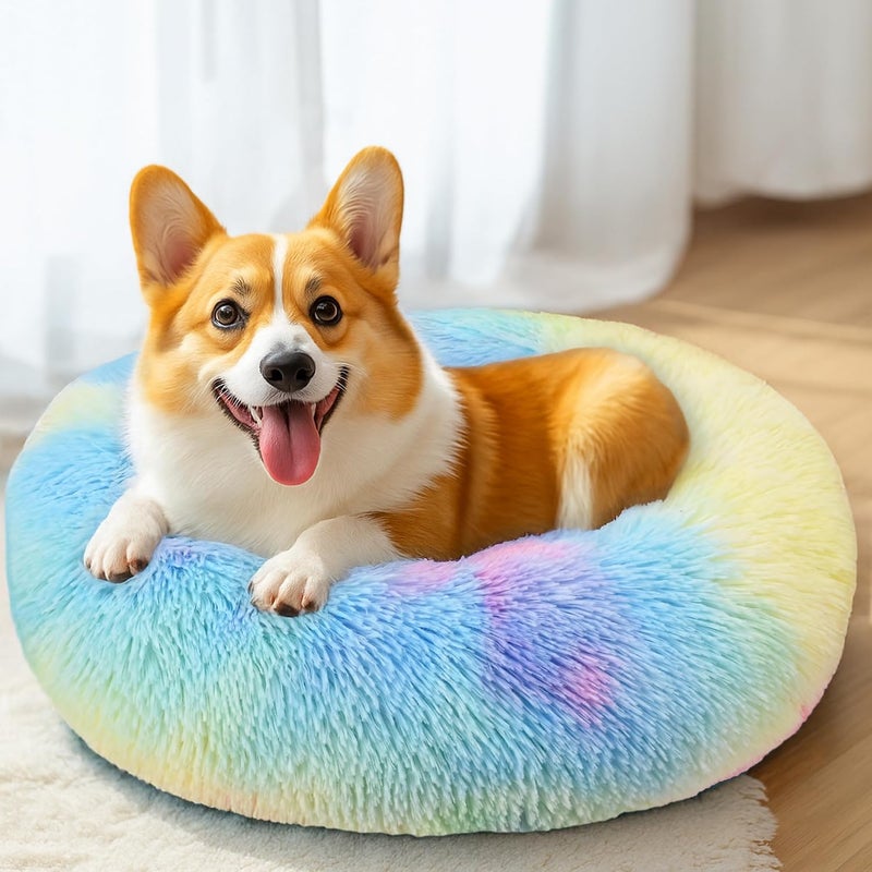 Hoewina 28in Large Dog Bed, Medium Size Dog and Cats, Calming Donut Bed for Puppy and Kitten, Washable Round Fluffy Pet Bed (Rainbow) - Image 5