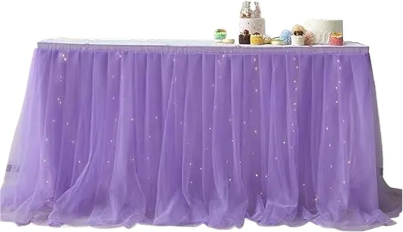 Table Skirt Tulle table skirt high-end gold-rimmed mesh wedding New Year's party decoration hotel supplies mesh table skirt table cover for Rectangle or Round Table(C,9FT(275cmx77cm)) - Image 1