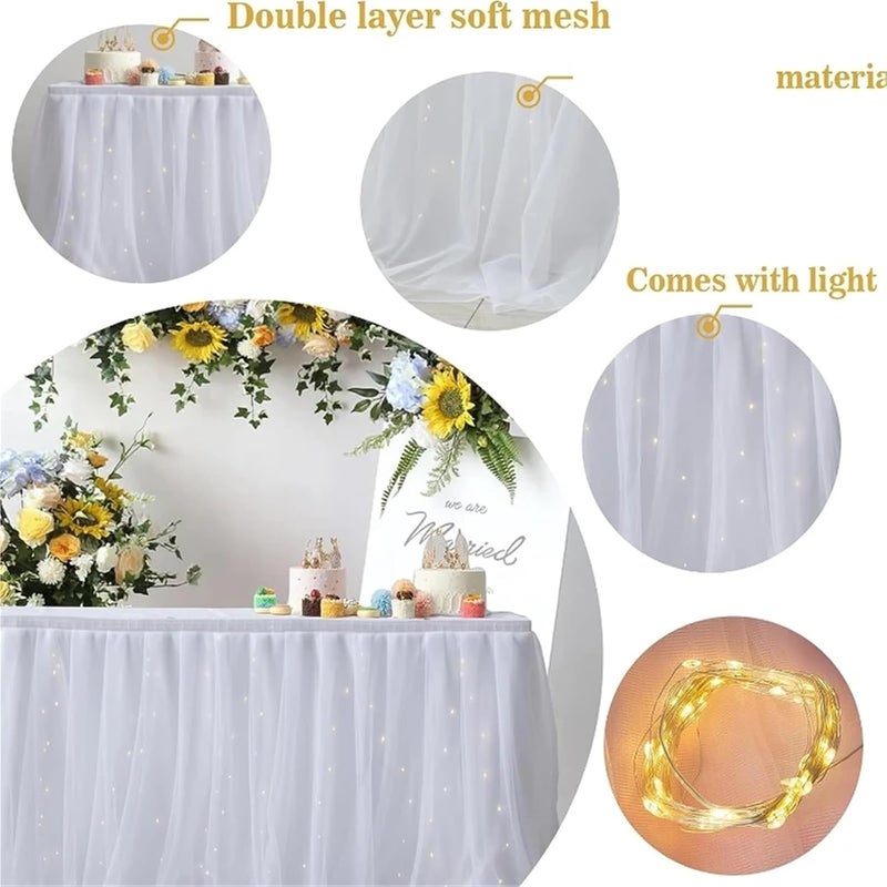 Table Skirt Tulle table skirt high-end gold-rimmed mesh wedding New Year's party decoration hotel supplies mesh table skirt table cover for Rectangle or Round Table(C,9FT(275cmx77cm)) - Image 3