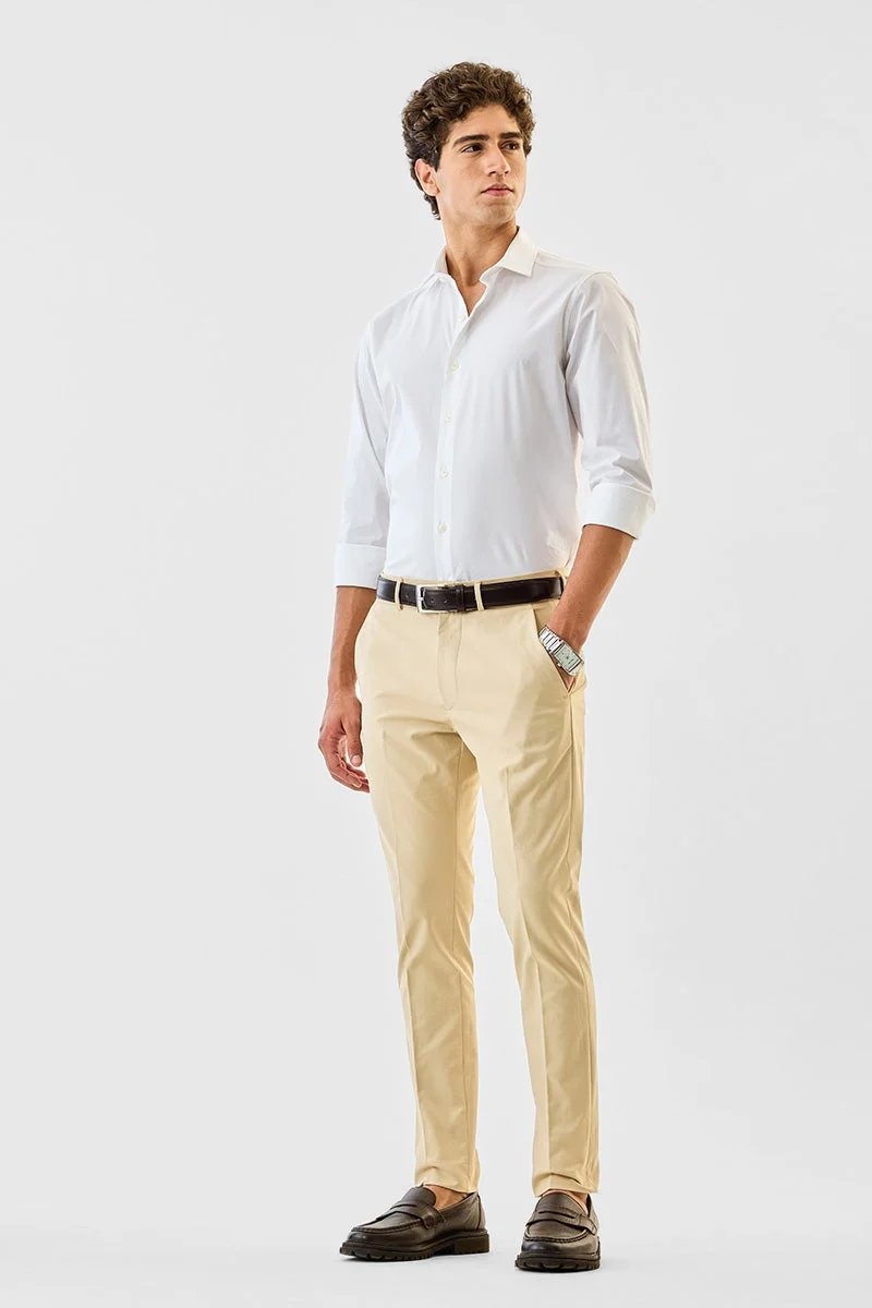 سنيتش Beige Solid Slim Fit Formal Trousers