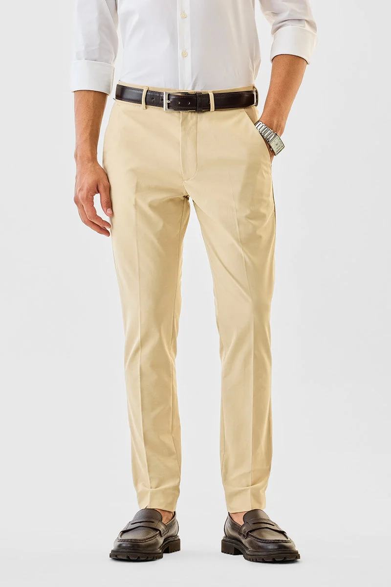 سنيتش Beige Solid Slim Fit Formal Trousers