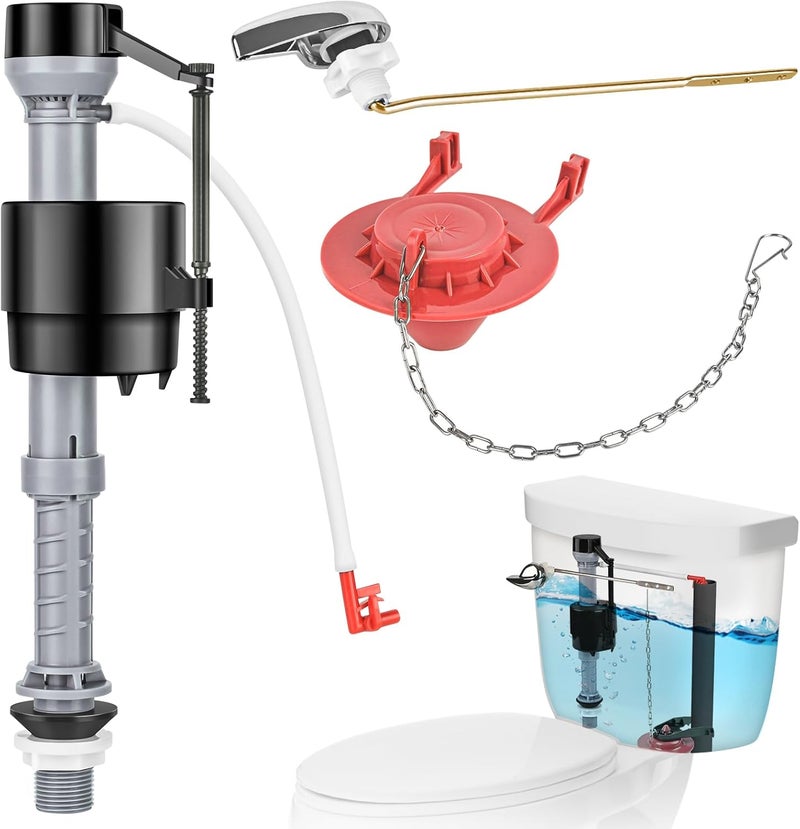TEVIORA Universal Toilet Flusher Replacement Kit, Water-Saving & Height Adjustable Fill Valve, 2-Inch Flapper, Toilet Handle Lever, Quiet & Anti-Siphon Toilet Repair Kit Inside Tank (Red, 1-Pack) - Image 1