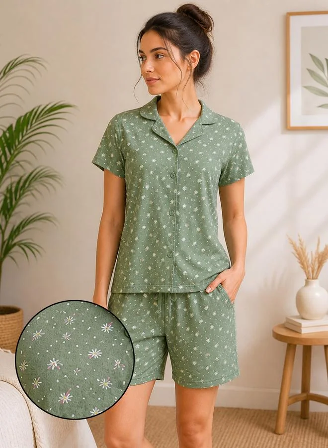 كلوفيا Green Floral Print Shirt and Shorts Pyjama Set