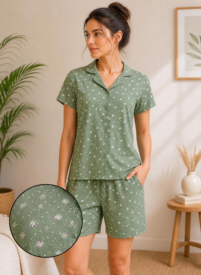 Clovia Green Floral Print Shirt and Shorts Pyjama Set - Image 1