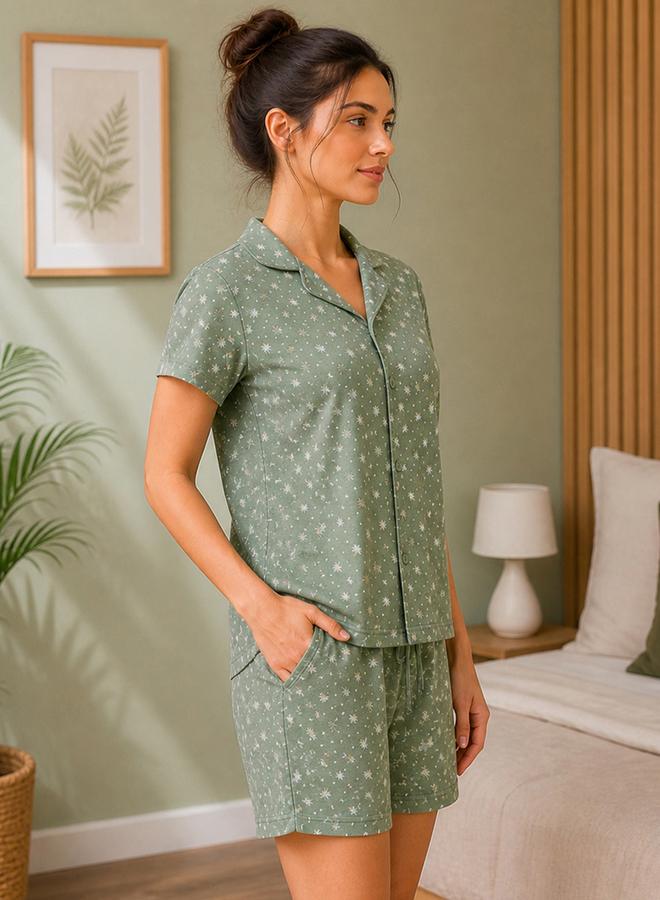 Clovia Green Floral Print Shirt and Shorts Pyjama Set - Image 2