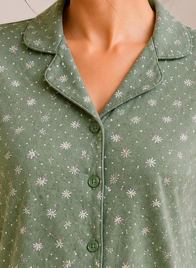 Clovia Green Floral Print Shirt and Shorts Pyjama Set - Image 5