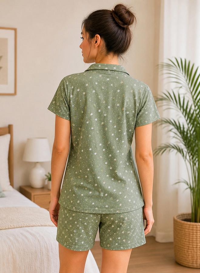 Clovia Green Floral Print Shirt and Shorts Pyjama Set - Image 4