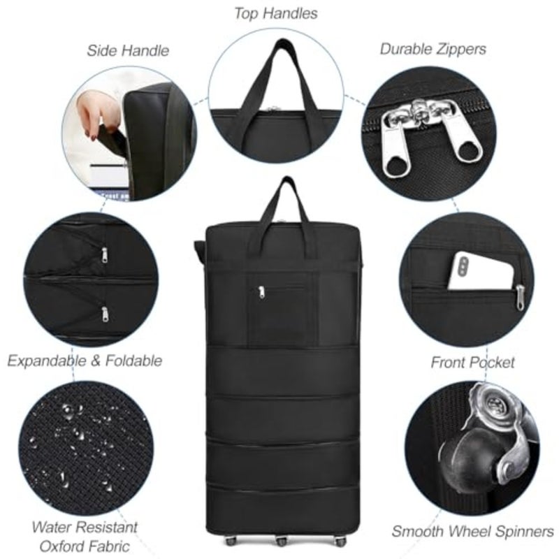 Weekend getaway rolling luggage: black Oxford fabric trolley suitcase with 5 wheels, 360-degree movement, expandable and foldable design for unisex travel - Image 3