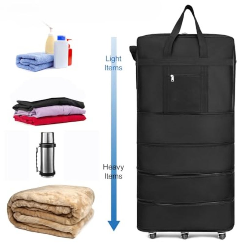 Weekend getaway rolling luggage: black Oxford fabric trolley suitcase with 5 wheels, 360-degree movement, expandable and foldable design for unisex travel - Image 2