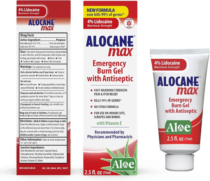 Alocane جل حروق الطوارئ ماكس 4 ليدوكائين هيدروكلوريد مطهر يقتل 99 من الجراثيم أقصى قوة لتخفيف الألم والحكة لحروق الشمس إسعافات أولية جل حروق مع الألوة فيرا 25 أونصة سائلة - Image 4