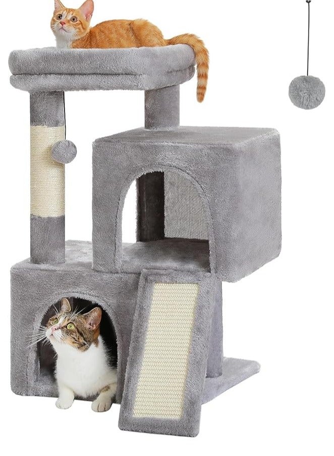اليسا شجرة قطط، برج قطط 77 سم مع شقتين للقطط الداخلية، بيت قطط مخملي مع مجثم مبطن، منحدر خدش وأعمدة وكرات قابلة للاستبدال - رمادي، 30 بوصة