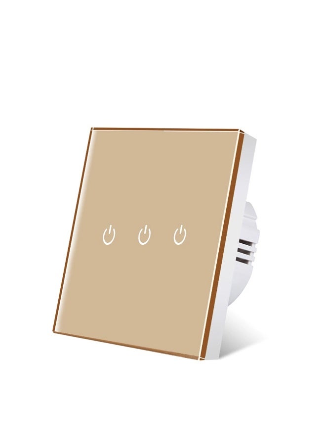 UBARO  86 Type Tempered Glass Smart Touch Wall Switch, Single Live Wire Embedded Flush Mount 3 Gang Gold Panel White Shell - Image 1