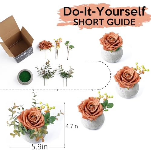 mizii DIY Small Artificial Flowers Potted Kit Fake Flower Realistic Silk Rose and Greenery with Vase for Gifts Table Centerpiece Mantle Office Desk Shelves Living Room Decorations (Orange) - Image 3