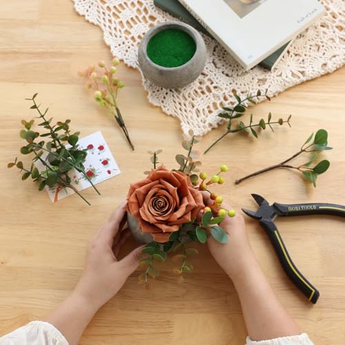 mizii DIY Small Artificial Flowers Potted Kit Fake Flower Realistic Silk Rose and Greenery with Vase for Gifts Table Centerpiece Mantle Office Desk Shelves Living Room Decorations (Orange) - Image 2