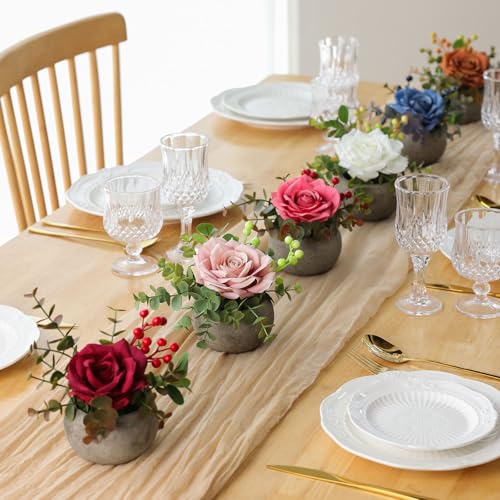 mizii DIY Small Artificial Flowers Potted Kit Fake Flower Realistic Silk Rose and Greenery with Vase for Gifts Table Centerpiece Mantle Office Desk Shelves Living Room Decorations (Orange) - Image 5