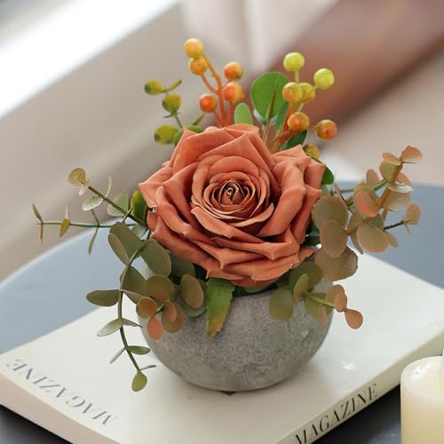 mizii DIY Small Artificial Flowers Potted Kit Fake Flower Realistic Silk Rose and Greenery with Vase for Gifts Table Centerpiece Mantle Office Desk Shelves Living Room Decorations (Orange) - Image 1