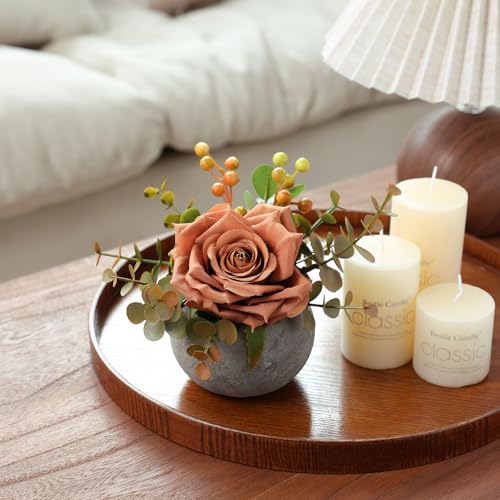 mizii DIY Small Artificial Flowers Potted Kit Fake Flower Realistic Silk Rose and Greenery with Vase for Gifts Table Centerpiece Mantle Office Desk Shelves Living Room Decorations (Orange) - Image 4