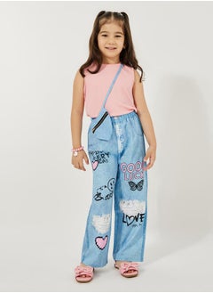 Styli Pack of 3 - Plain Rib Knit Tank, Printed Denim Look Pants & Sling Bag  - Image 1