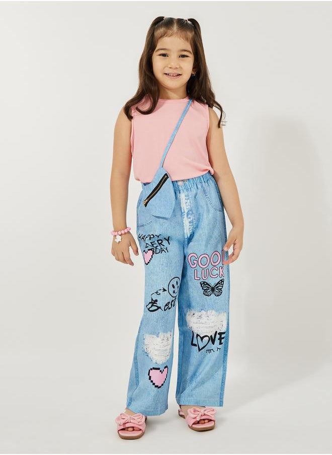 Styli Pack of 3 - Plain Rib Knit Tank, Printed Denim Look Pants & Sling Bag  - Image 1