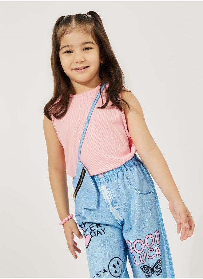 Styli Pack of 3 - Plain Rib Knit Tank, Printed Denim Look Pants & Sling Bag  - Image 2