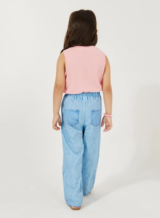 Styli Pack of 3 - Plain Rib Knit Tank, Printed Denim Look Pants & Sling Bag