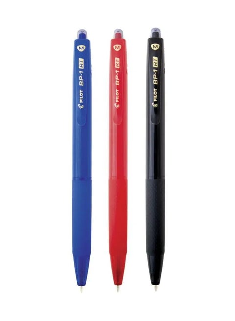 Set of 3 Pilot Ballpoint Pens BP-1 RT M 1.0- Blue - Black & Red
