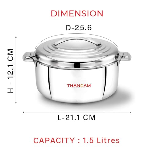Thangam Double Wall Insulated Stainless Steel Casserole,1500ml Hot Box for Kitchen, Hot Case with Steel Lid, Silver Hot Pot for Roti-Rice-Gravy, Chapathi Box, Twisted Lock, - Image 3