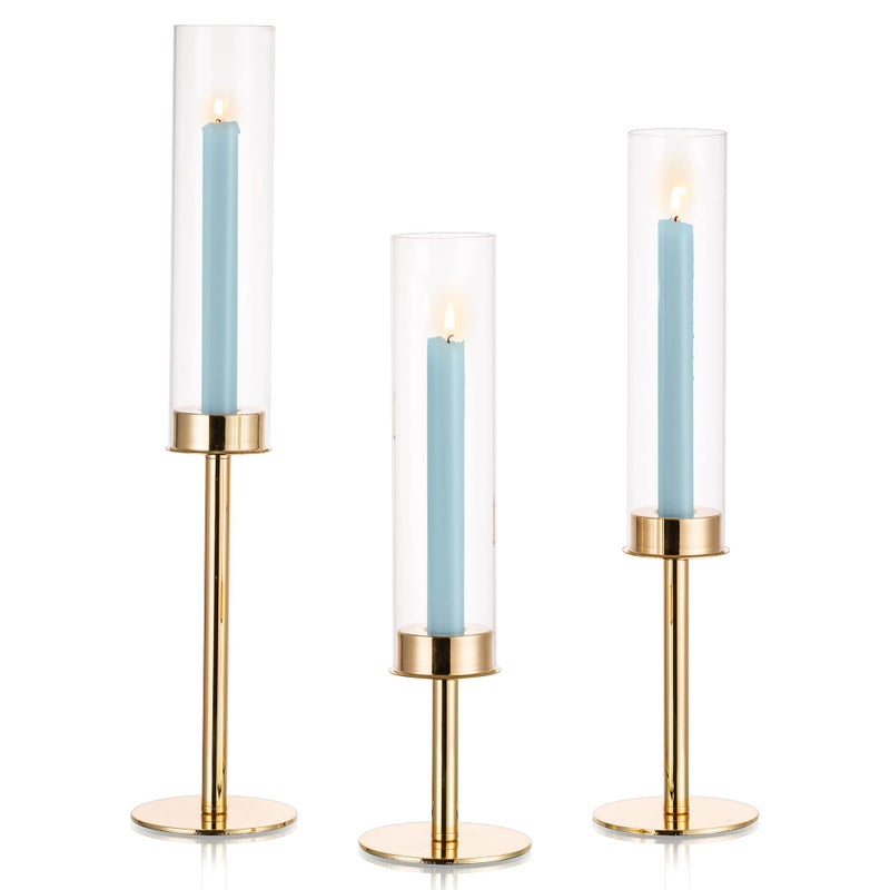 Inweder Gold Candle Holders for Candlesticks Hurricane Taper Candle Holders with Removable Glass Tall Brass Candlestick Holders Candle Sticks Long Holder for Table Centerpiece Home 3Pcs