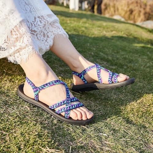 MEGNYA Casual Women's Athletic Sport Shoes, Waterproof Lightweight Braided Slide Sandals with Arch Support, Comfortable Walking Sandals for Outdoor Activieies Purple Blue Size 8 - Image 2