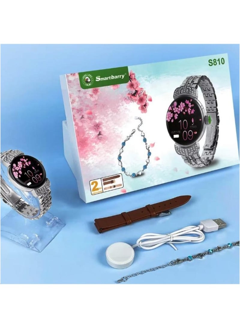 سمارت باري ساعة ذكية فاخرة للسيدات S810 2 في 1 بشاشة 1.09 بوصة وسوار ألماس للنساء وتذكير بالمكالمات وتتبع النوم ووظيفة البوصلة - Image 2