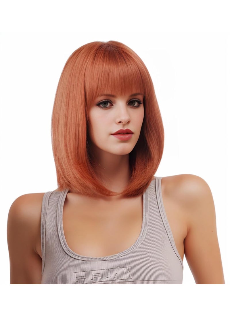 Rugelyss - Rugelyss Auburn Short Straight Bob Wig with Bangs 12 Inches Copper Red Ginger Synthetic Hair Wigs for Women and Girl with Wig Cap fits for Halloween and Cosplay Costume Party - Image 1
