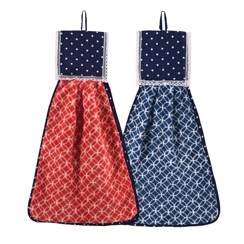Kuber Industries 2 Pcs Microfiber Wash Basin Hand Towel with Hanging Loop | Soft Hanging Hand Towel for Kitchen and Bathroom | Quick-Dry Wash Basin Napkins for Everyday Use | Circle - Red & Blue - Image 1