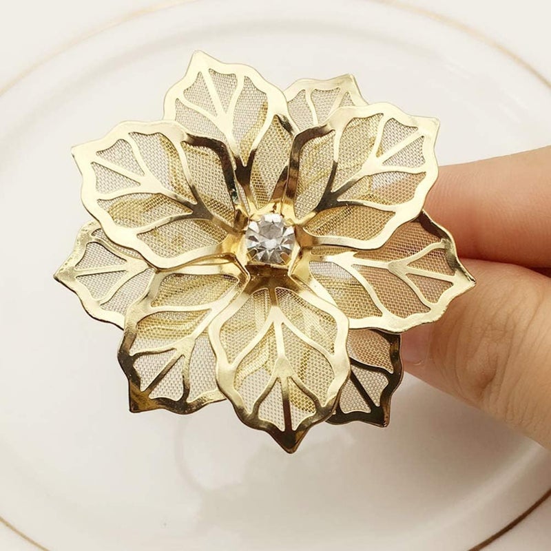 NAGU Flower Napkin Rings Set of 6, Hollow Out Floral Napkin Holder Adornment Exquisite Household Napkins Rings Set Rhinestone Napkin Rings for Wedding Banquet Christmas Table Setting (Gold) - Image 2