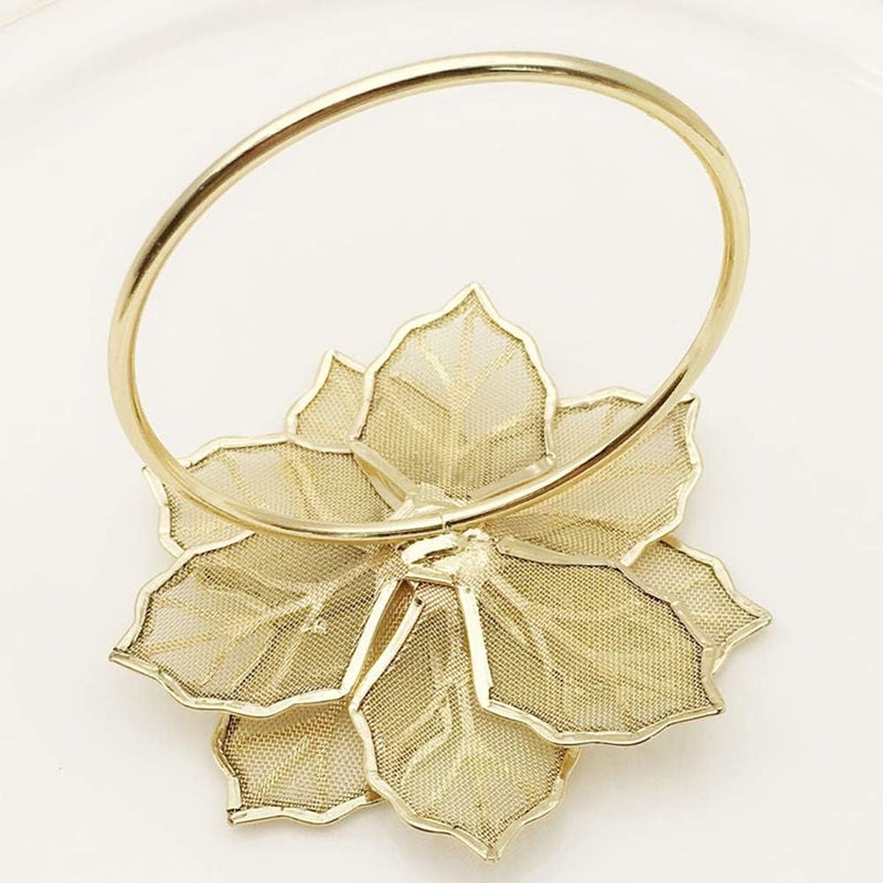 NAGU Flower Napkin Rings Set of 6, Hollow Out Floral Napkin Holder Adornment Exquisite Household Napkins Rings Set Rhinestone Napkin Rings for Wedding Banquet Christmas Table Setting (Gold) - Image 4