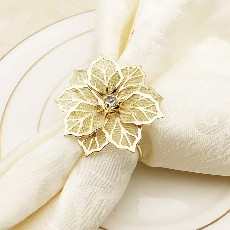 NAGU Flower Napkin Rings Set of 6, Hollow Out Floral Napkin Holder Adornment Exquisite Household Napkins Rings Set Rhinestone Napkin Rings for Wedding Banquet Christmas Table Setting (Gold) - Image 1