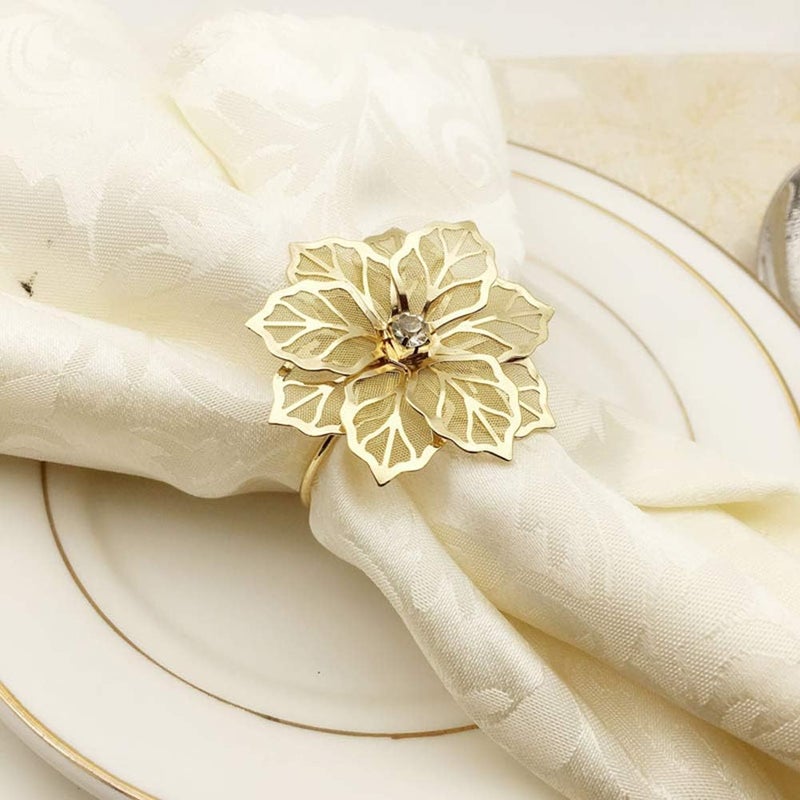 NAGU Flower Napkin Rings Set of 6, Hollow Out Floral Napkin Holder Adornment Exquisite Household Napkins Rings Set Rhinestone Napkin Rings for Wedding Banquet Christmas Table Setting (Gold) - Image 3