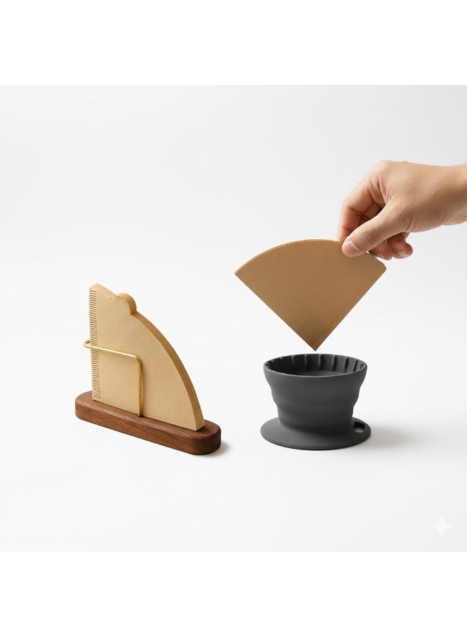 Portable Collapsible Coffee Dripper | Silicone Coffee Filter Funnel | Ideal for Outdoor Camping & Travel | Cupcake Style & Size 02 Unbleached Cone Coffee Filters – 100 Count Natural Brown Paper Filters for V60, Pour Over & Drip Coffee Maker (2–4 Cups) & Cone Coffee Filter Holder – Walnut & Brass Stand for V60 Paper Filters (#01 & #02) – Stylish Coffee Filter Storage ContainerBundle - Image 1