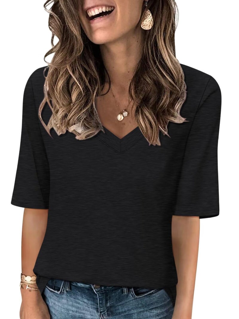 Minetom Women's V Neck T Shirts Casual Half Sleeve Tops Basic Summer Tees A Black - Image 1